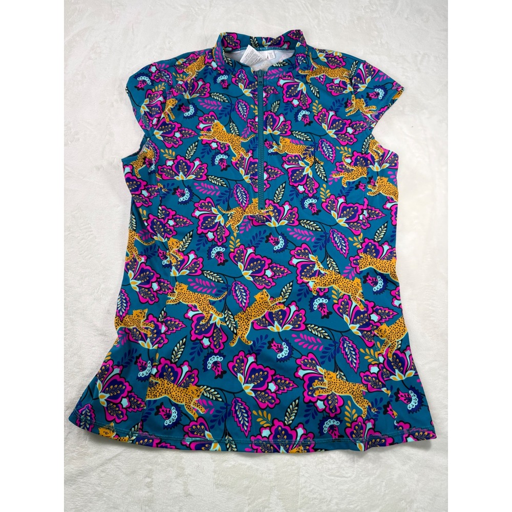 Boden Womens Leopard Floral Quarter Zip Rash Guard Swim Top Teal Blue US 12